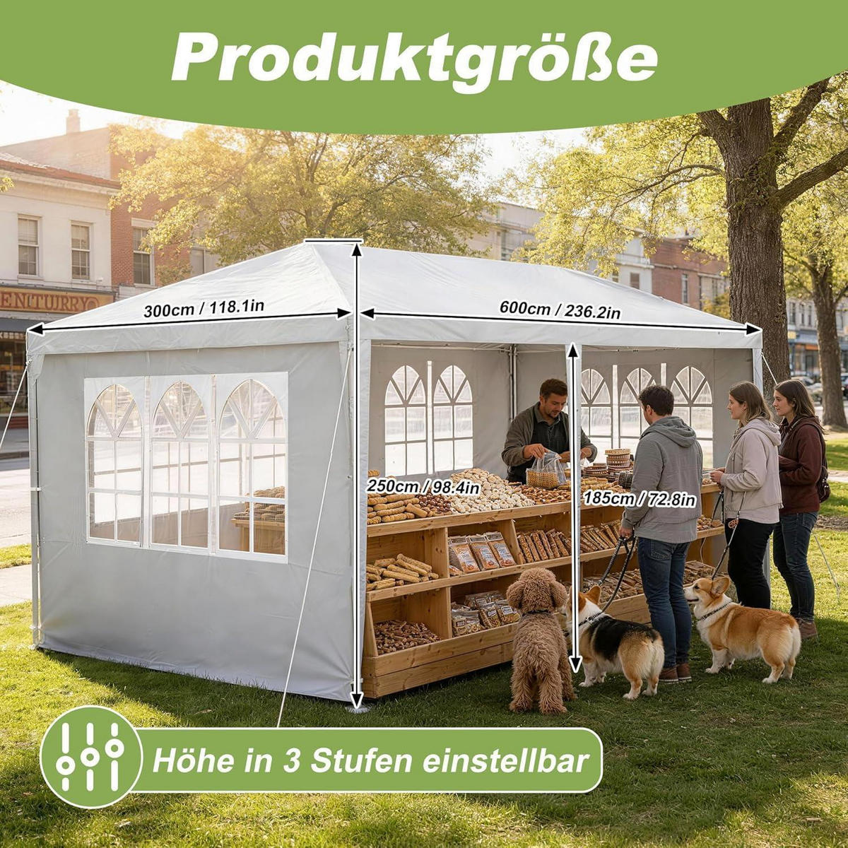 GARTENPAVILLON 3x6 m Grau mit Seitenteilen und Fenstern - Grau, Textil (250/300/600cm)