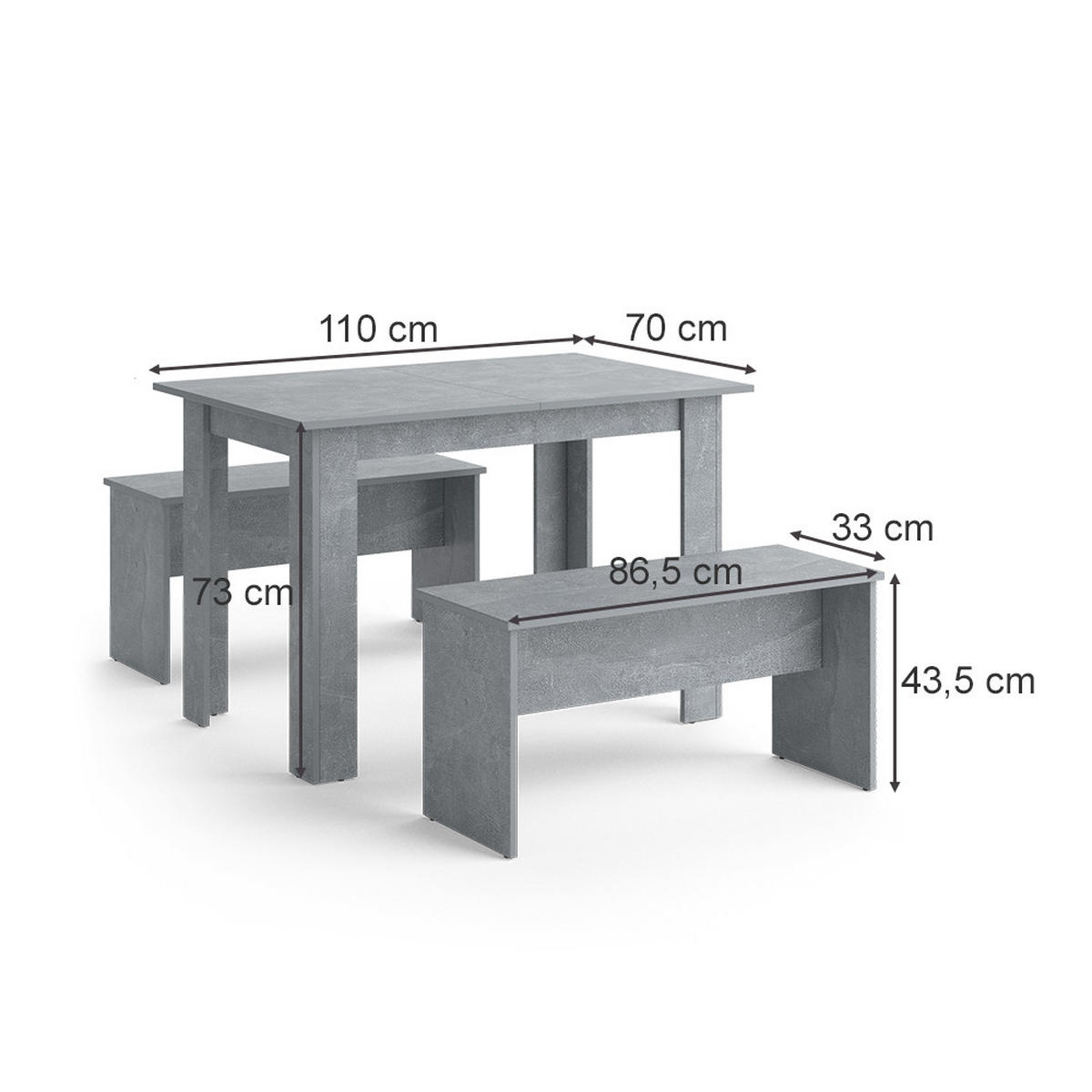 ESSTISCH SET Sentio Beton 110 x 70 cm mit 2 Bänken - Grau, Holzwerkstoff (110/73/70cm) - Vicco