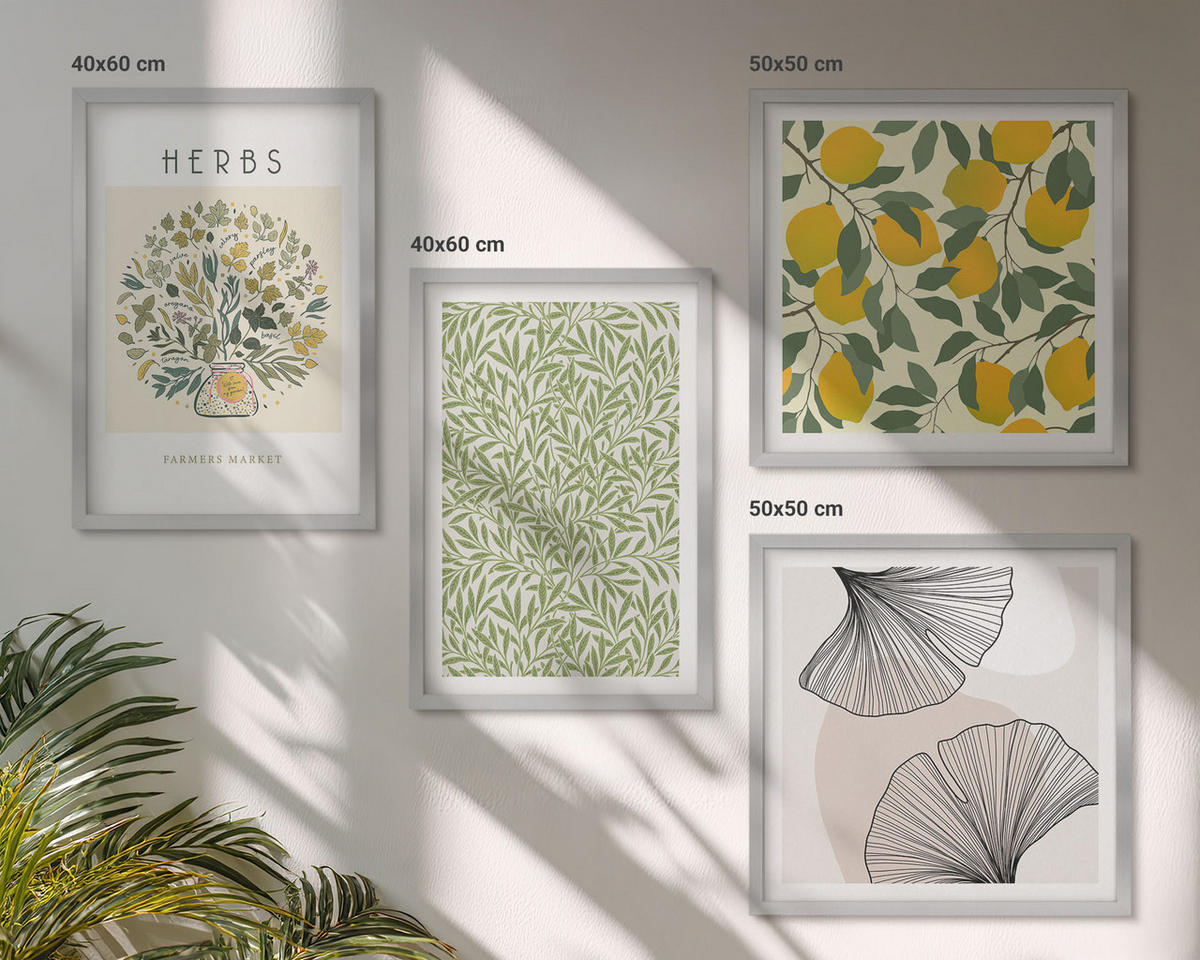 WANDBILDER 4er Set - 50x50 cm & 40x60 cm Silberner Rahmen - Zitronenkräuter und -blätter - Silberfarben, Kunststoff (50/50cm) - ArtPrintCave