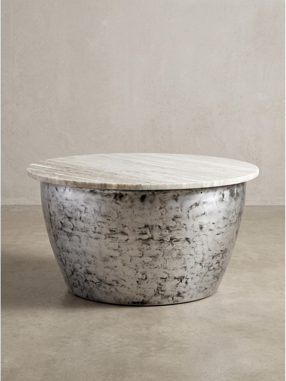 COUCHTISCH HAVEL, Marmor, handgefertigt, Beige-Silber, Ø 60 x 34 cm - Silberfarben, Stein/Metall (60/60/34cm) - KADIMA DESIGN
