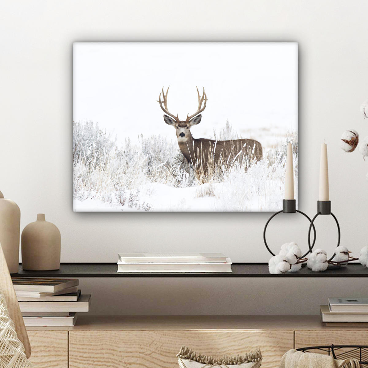 LEINWANDBILD Hirsche - Winter - Schnee - Tiere - Jahreszeiten - Weiß 40x30 cm - Hellbraun, Textil (40/30cm) - MuchoWow
