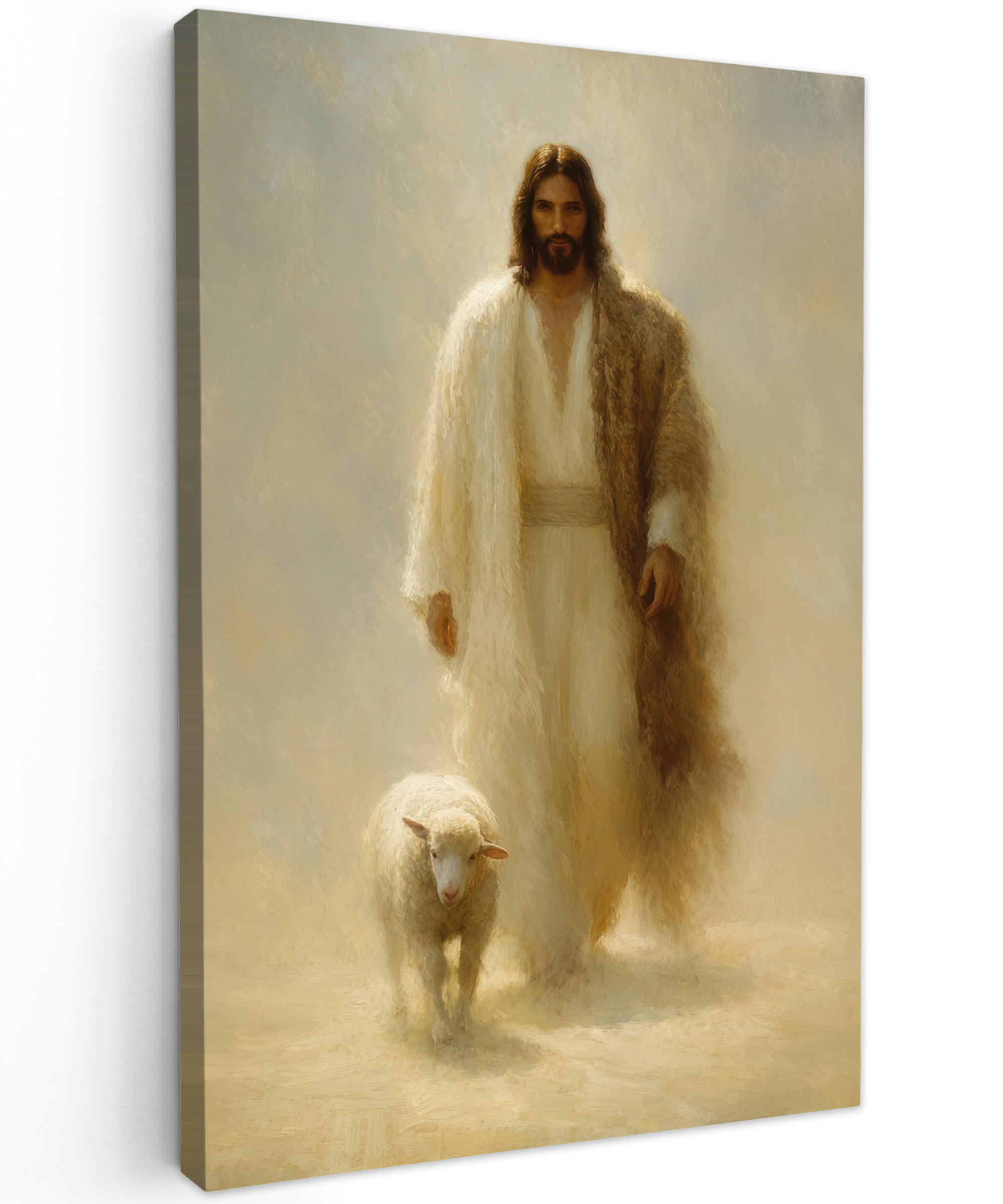 LEINWANDBILD Schaf - Jesus - Pinselstriche - Abstrakt Deko Groß 90x140 cm - Sandfarben, Textil (90/140cm) - MuchoWow