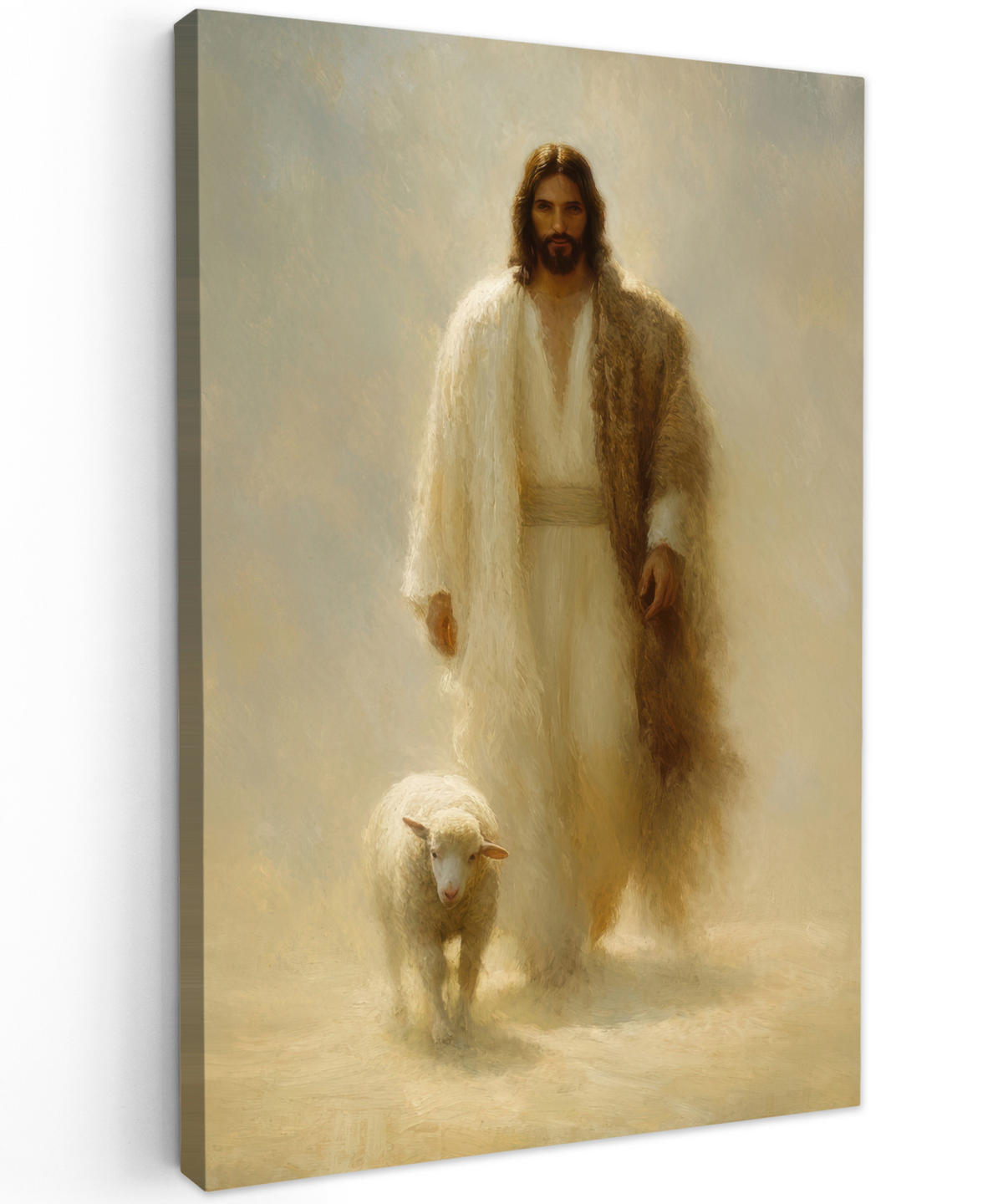 LEINWANDBILD Schaf - Jesus - Pinselstriche - Abstrakt Deko Groß 90x140 cm - Sandfarben, Textil (90/140cm) - MuchoWow