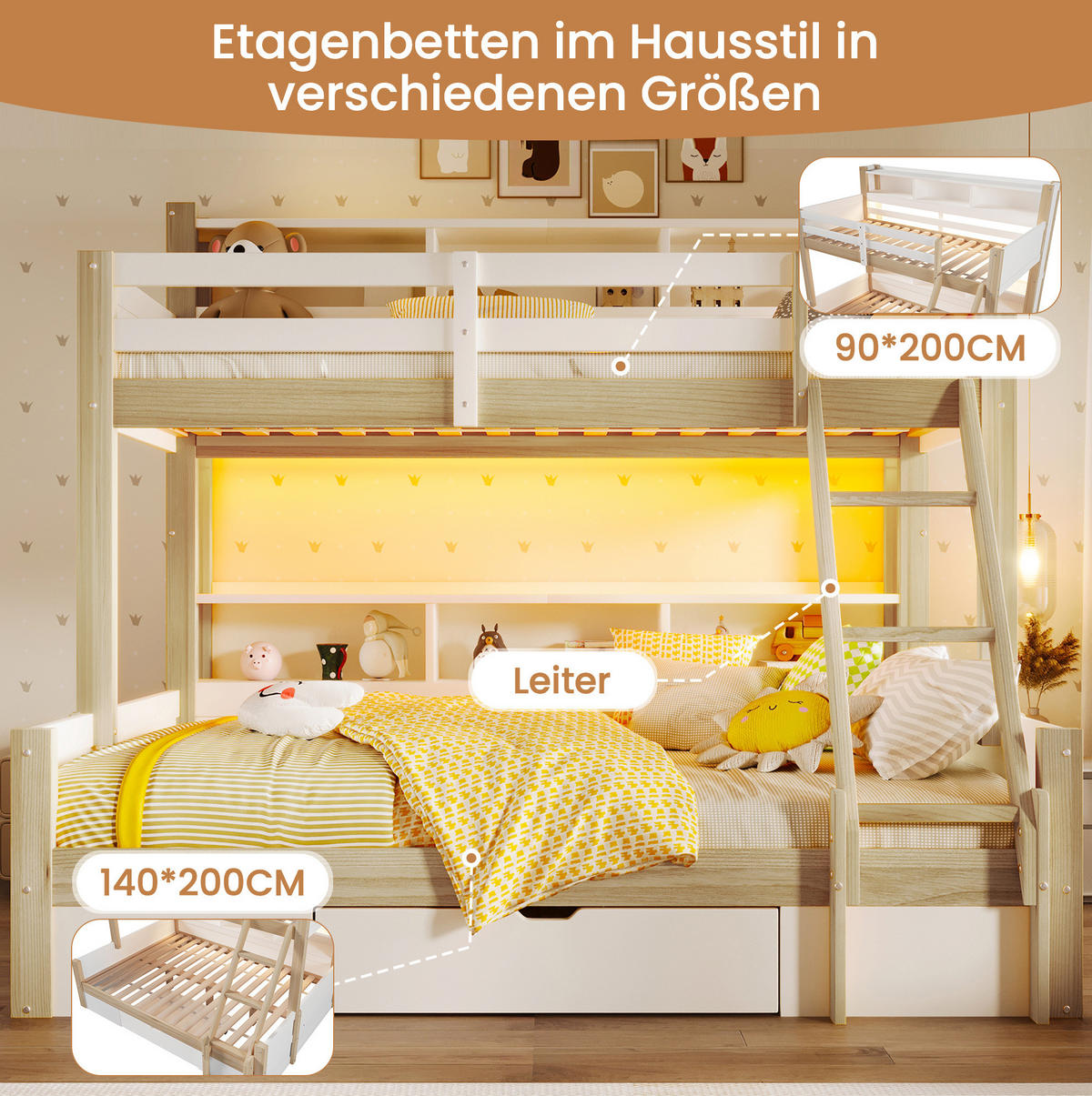 ETAGENBETT aus Kiefer 90x200/140x200 cm Weiß/Natur mit LED-Lichtleiste, offener Stauraumlösung, Schublade und variabler Leiter - Weiß, Holzwerkstoff (90/200cm) - Modfu
