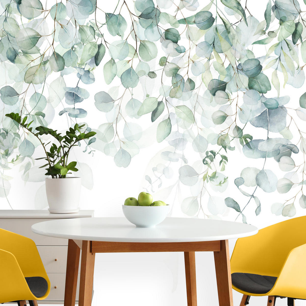 FOTOTAPETE Aquarell Eukalyptusblätter Pflanzen Natur 250x175 - Weiß/Grün, Papier (250/175cm) - Muralo
