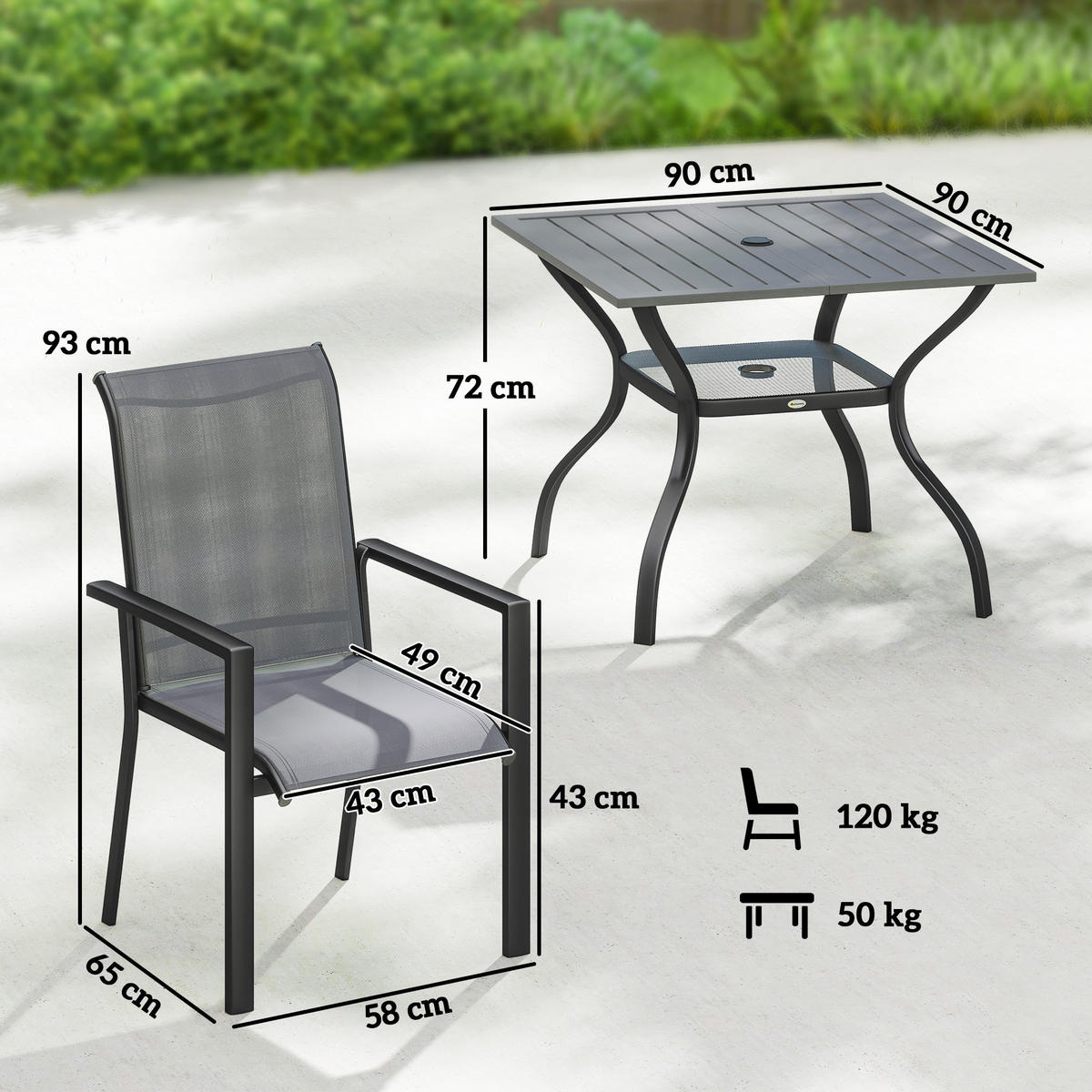 GARTENMÖBELSET 5-teilig,Stahltisch mit Mittelloch+4 stapelbare Stühle,grau - Grau, Metall - Vallsero
