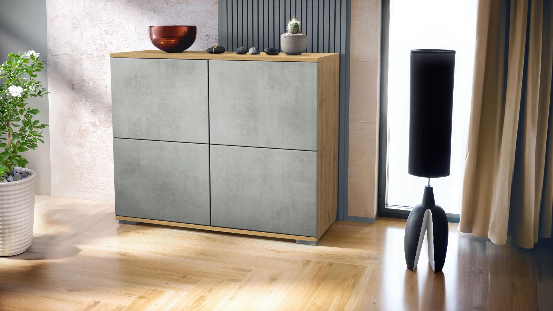 KOMMODE Rova Beton Oxid Optik - Hellgrau, Holzwerkstoff (92.5/75.5/35cm) - Vladon