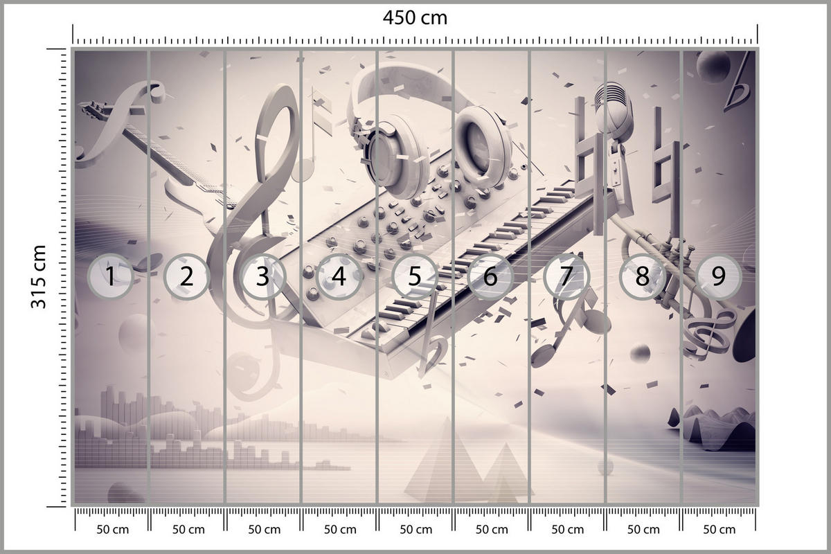FOTOTAPETE für Jugendzimmer Modern Kollage Musik Klavier Noten Kopfhörer 450x315 - Grau, Papier (450/315cm) - Muralo