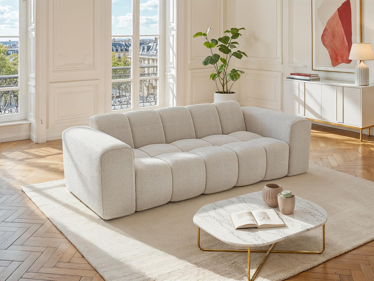 Thumbnail - Vente-Unique 3-Sitzer-Sofa, Beige, Textil, Uni, 241x69.5x94 cm, Wohnzimmer, Sofas & Couches, Sofas, 3-Sitzer Sofas