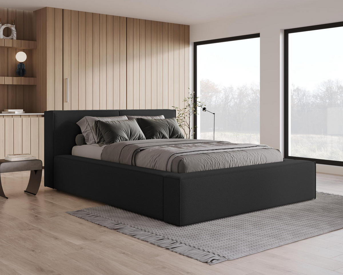 POLSTERBETT 180x200 mit Bettkasten, Lattenrost und Kopfteil, Eleganter Bouclé-Stoffbezug Schwarz - Schwarz, Holz (180/200cm) - Chilly