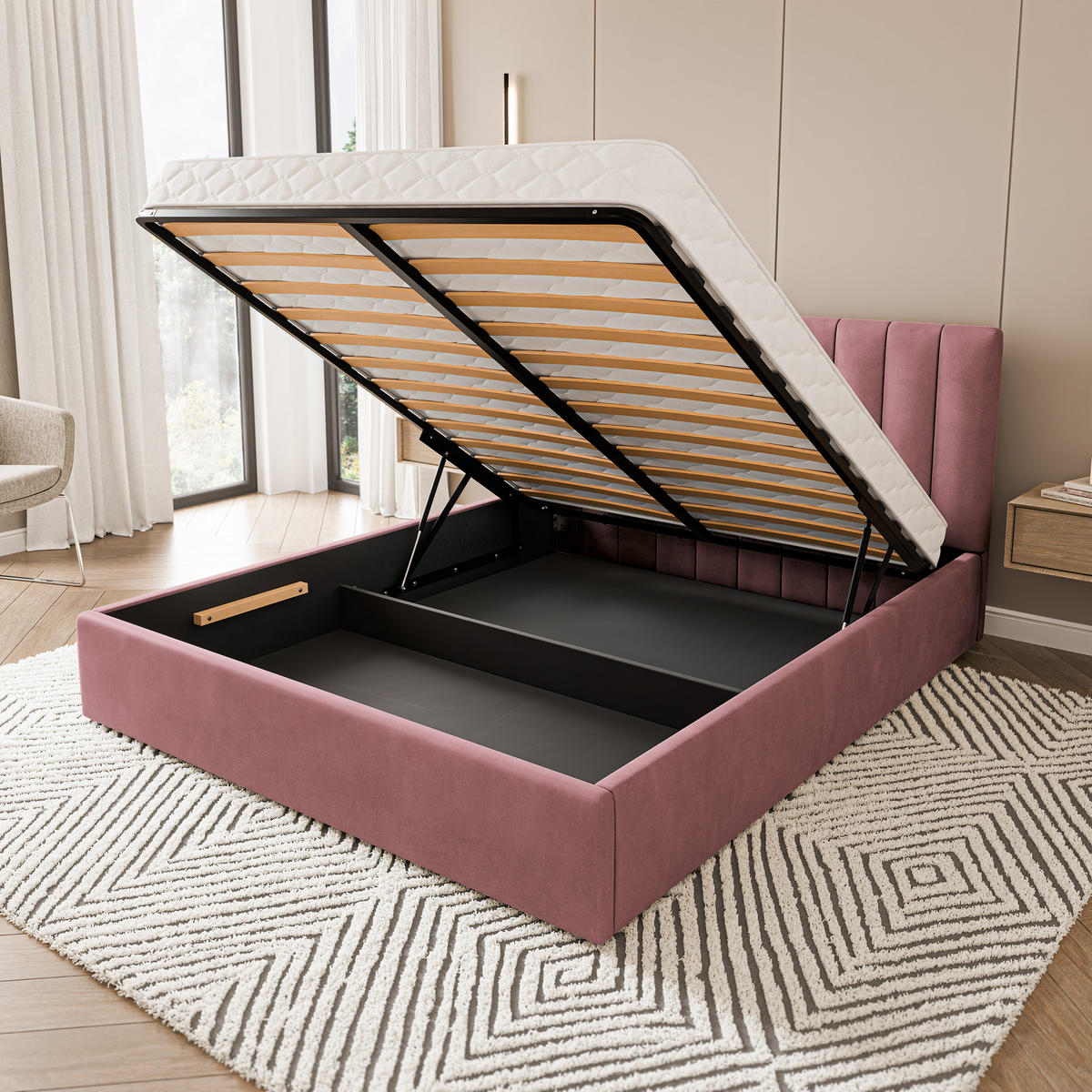 POLSTERBETT DEMERA MGV 180x200 cm mit Bettkästen - Rosa - Rosa, Holz (180/200cm) - MASSENO