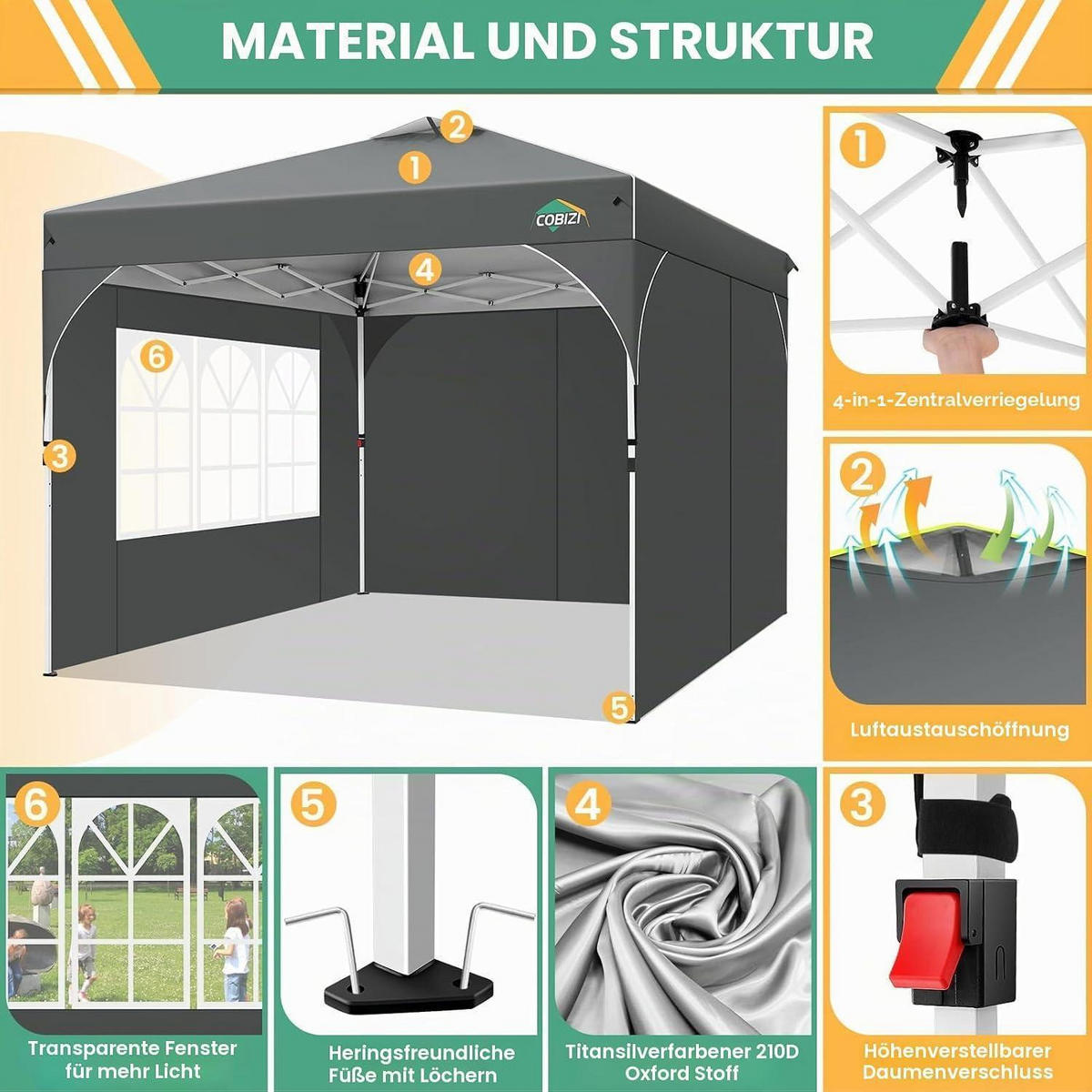 FALTPAVILLON 3x3m Grau Wasserdicht mit 3 Seitenteilen und Zentralverriegelung - Grau, Textil (300/265/300cm)