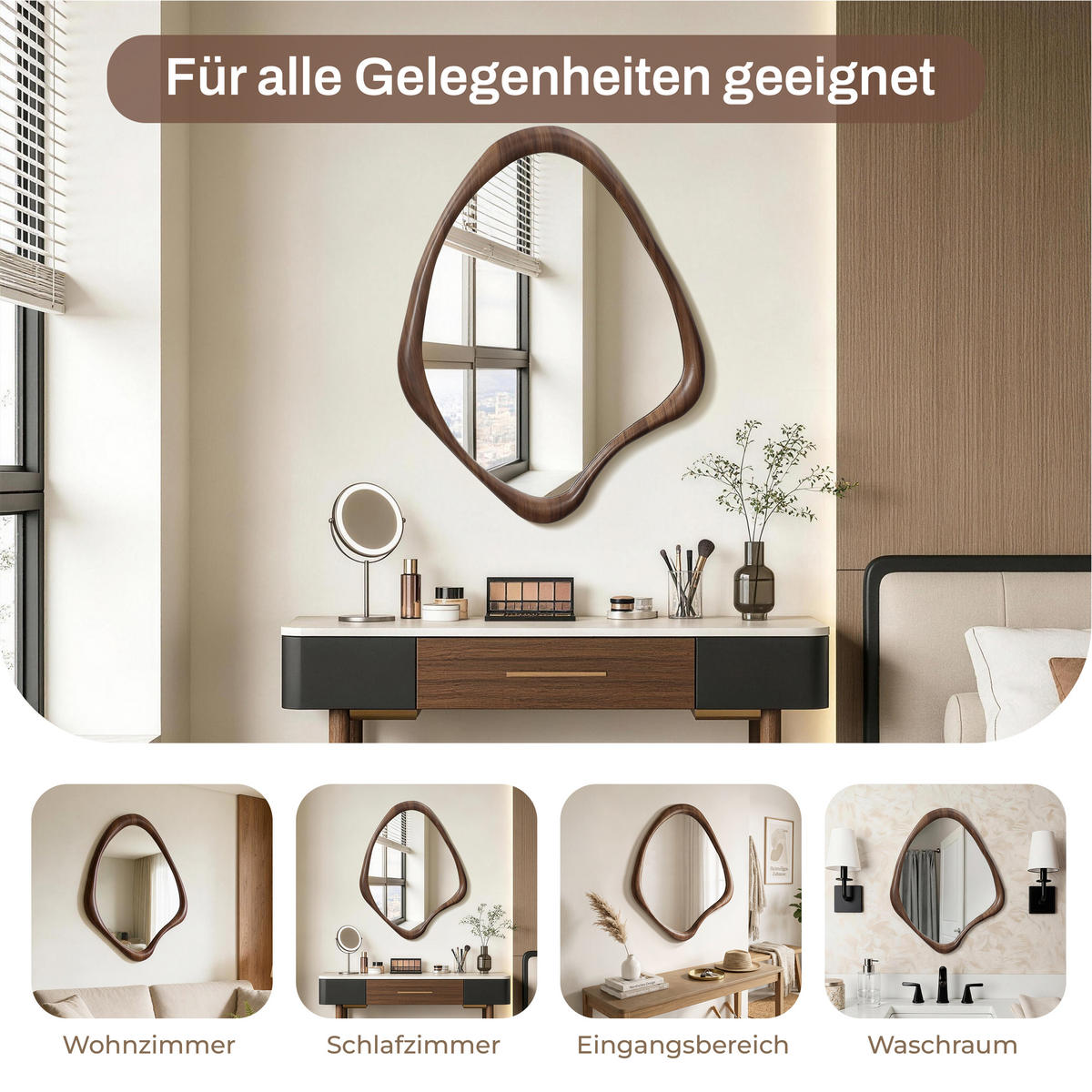SPIEGEL braun, asymmetrisch, 75 × 60 cm, mit Holzrahmen - Braun, Glas/Holz (59/2.5/75cm) - Hometopia