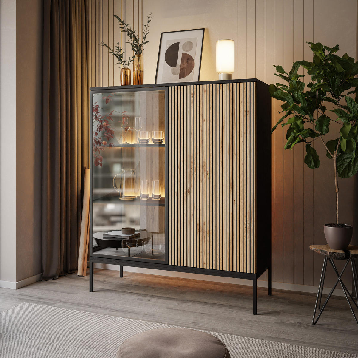 NIEDRIGE Vitrine ECLIPSE WT104 mit Beleuchtung,Schwarz Eiche Wotan - Eiche Wotan, Holzwerkstoff (104/126/39cm) - Lookway