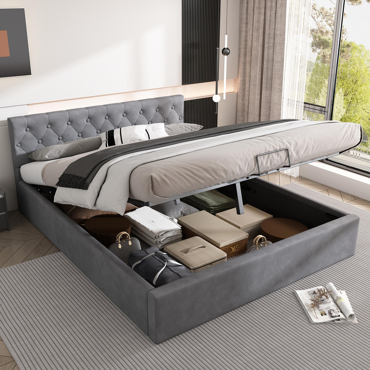POLSTERBETT 140/200 cm Grau aus Samt mit Bettkasten - Grau, Textil (140/200cm) - OKMYHOME