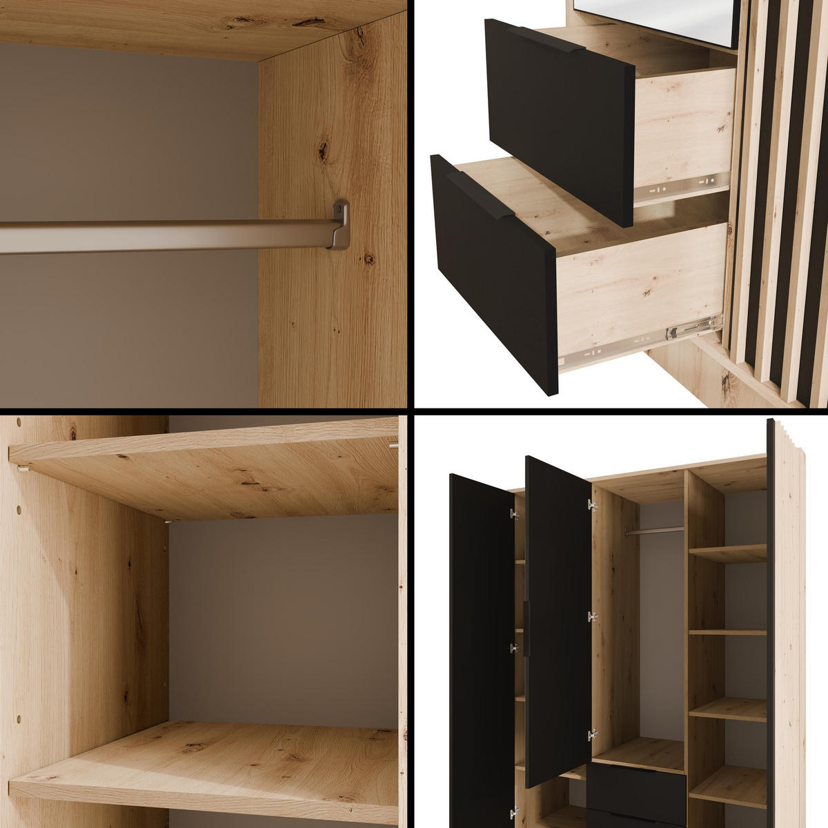 KLEIDERSCHRANK NELIA - 150 cm - Schwarz/Eiche Artisan, Holzwerkstoff (150/200/51cm) - ALTDECOR