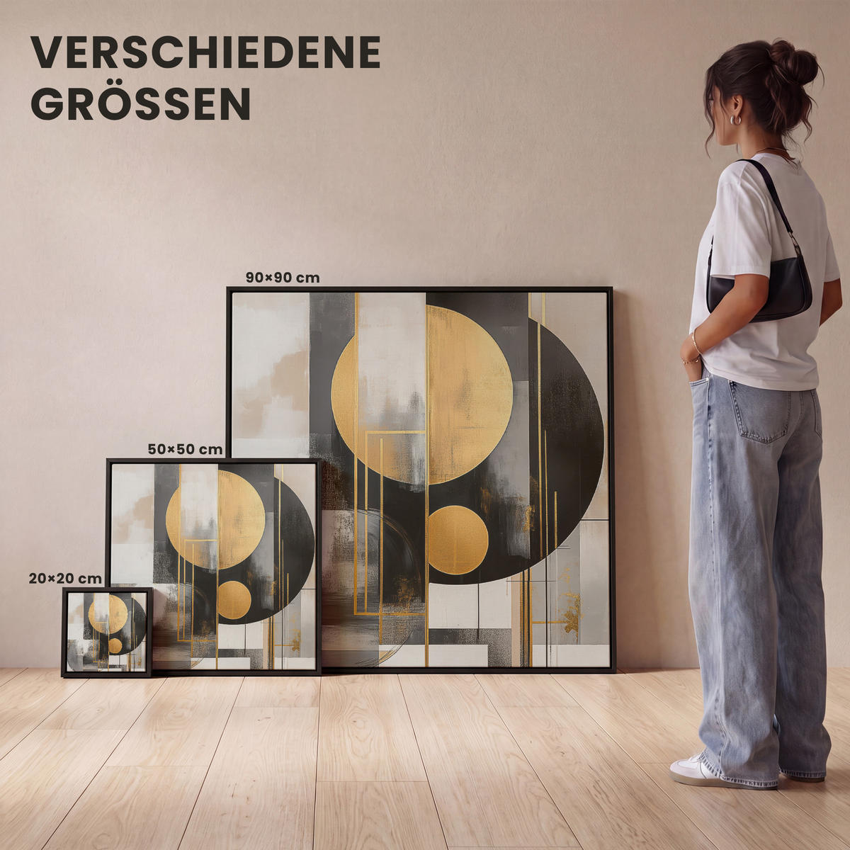 LEINWAND Bilder mit Rahmen - Abstrakt - Gold - Silber - Formen - Ästhetisch - Modern - 20x20 - Goldfarben, Textil (20/20cm) - MuchoWow