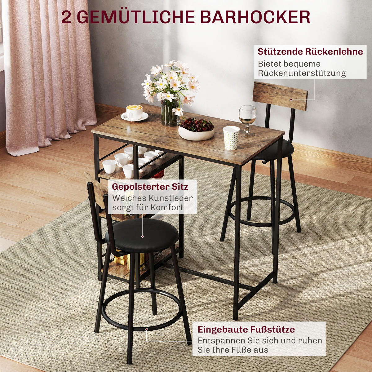 BARTISCH mit Barhocker Set, 3-tlg. Bartisch-Set mit Küchentisch, 2 Barstühlen - Naturfarben, Metall (50/90.5/90cm) - HOMCOM