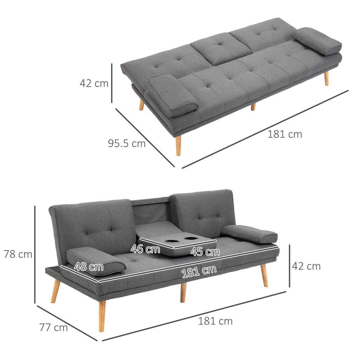 SCHLAFSOFA 181/77/78 cm in Dunkelgrau – 3-fach verstellbar - Dunkelgrau, Textil (77/78/181cm) - BEAOK
