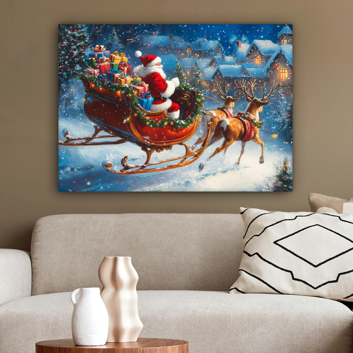 LEINWANDBILD Weihnachtsmann - Rentier - Weihnachten - Schnee Wandbilder 80x60 cm - Cognac, Textil (80/60cm) - MuchoWow