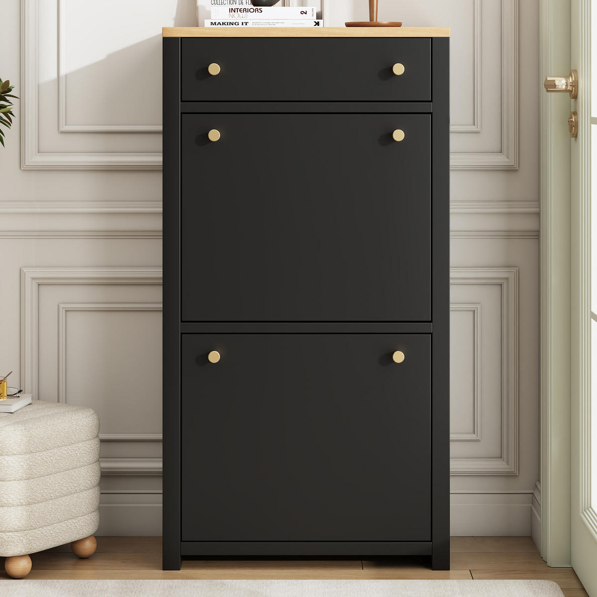 SCHUHSCHRANK Schwarz Holzoptik 2 Klappen Schublade Modern - Schwarz, Holzwerkstoff (50/95/25cm) - FLIEKS