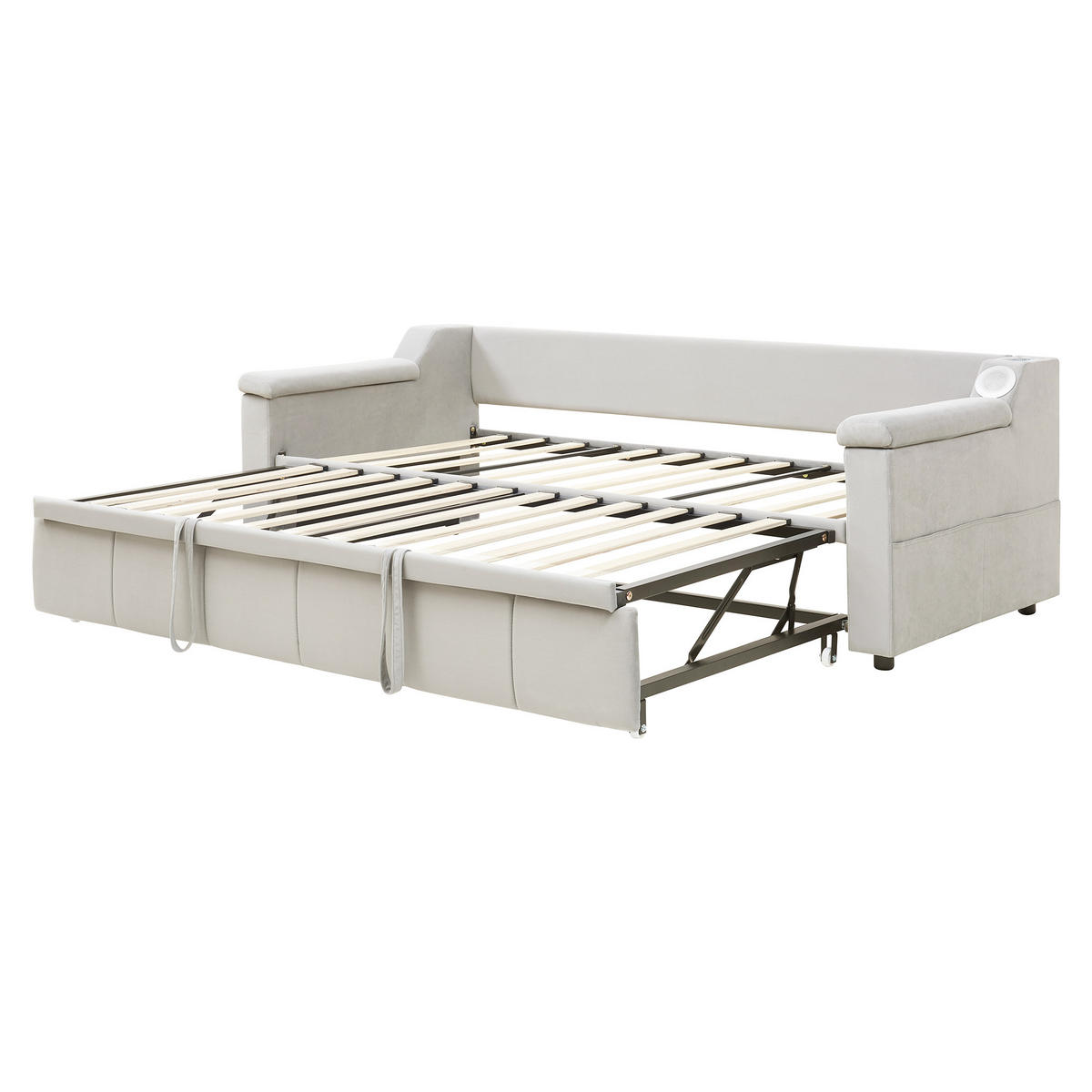 AUSZIEHBETT 90/190 cm beige mit Bluetooth-Stereoanlage und Ablagefächern - Weiß, Textil (90/190cm) - OKWISH