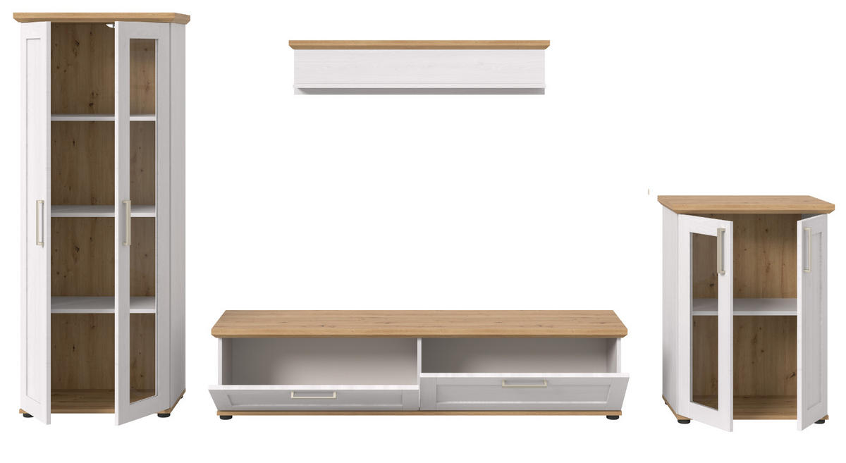 WOHNWAND 4-teilig weiß Lärche, Eiche Artisan 316 cm Landhaus, Schrankwand mit viel Stauraum - Silberfarben/Schwarz, Holzwerkstoff/Kunststoff (316/161/40cm) - Inn.Furn