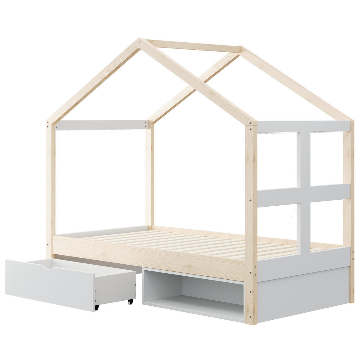 KREVET 90/190 cm od borovine i MDF-a s ladicom, ormarićem za cipele i LED rasvjetom, Prirodna boja drva - boje hrasta, drvni materijal (90/190cm) - Redom