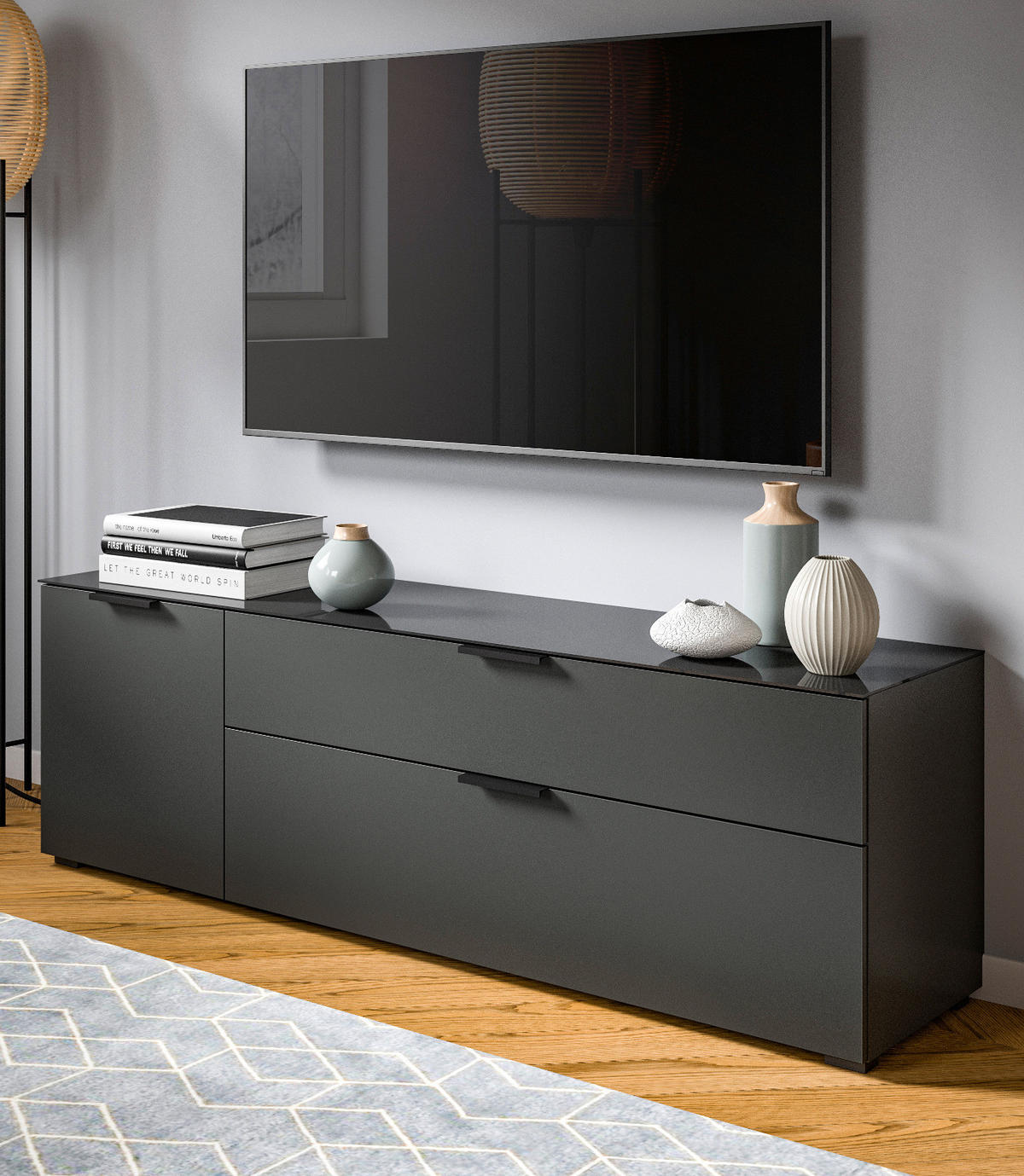 TV-LOWBOARD grau 160 c, mit Glasauflage und Soft-Close - Dunkelgrau/Grau, Glas/Holzwerkstoff (160/51/40cm) - Inn.Furn