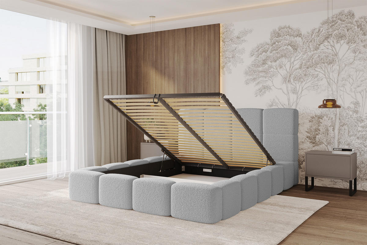 POLSTERBETT mit Bettkasten und Lattenrost mit Kopfteil, Boxbett ohne Matratze, mit Stauraum - NATA 140x200 Hellgrau - Hellgrau, Holzwerkstoff/Textil (140/200cm) - ALTDECOR