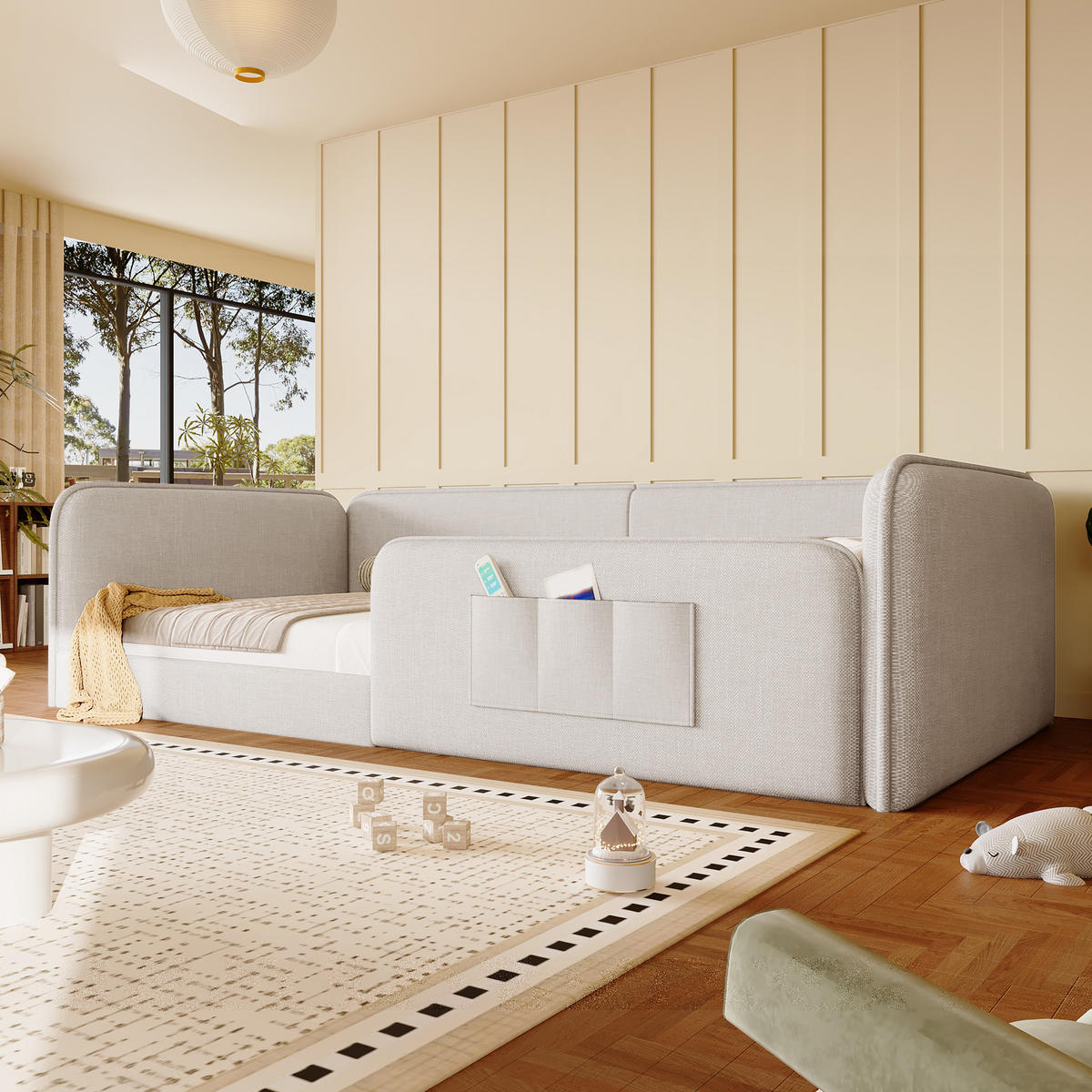 POLSTERBETT 90/200 cm in Beige mit Rundum-Sicherheitsrahmen, Schaumstoffpolsterung und Aufbewahrungstaschen aus Leinen - Beige, Holzwerkstoff/Textil (90/200cm) - STILVORA