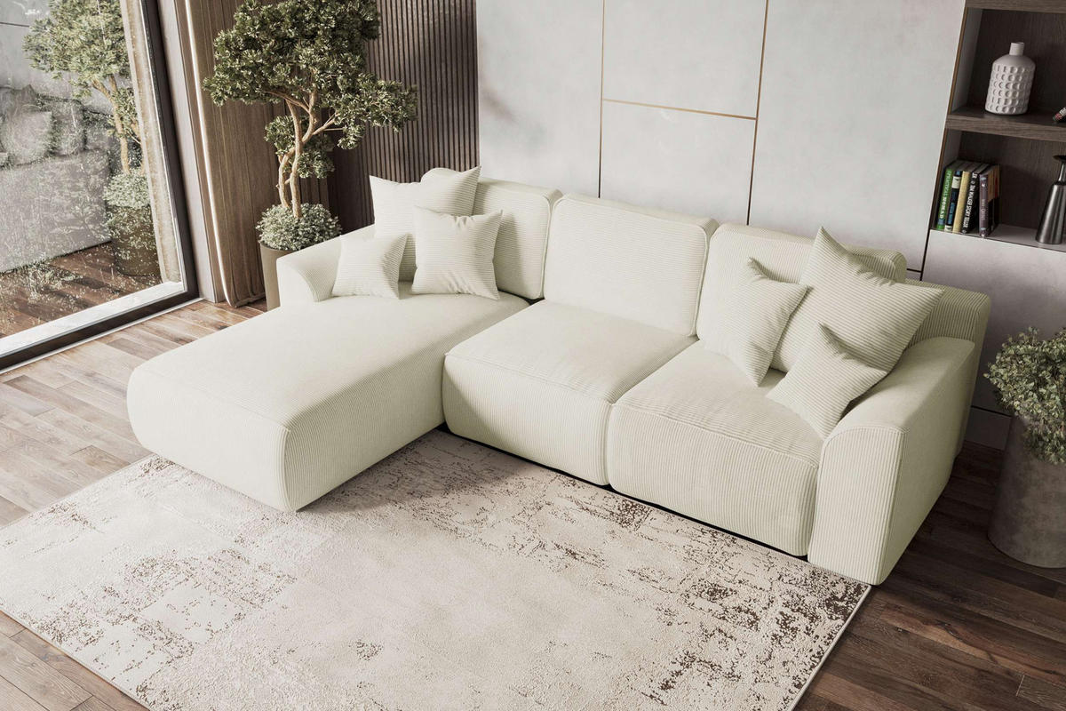 ECKSOFA GUSTO Cordstoff Creme Links inkl. Schlaffunktion - Chromfarben/Creme, Kunststoff/Textil (295/194cm) - 99rooms