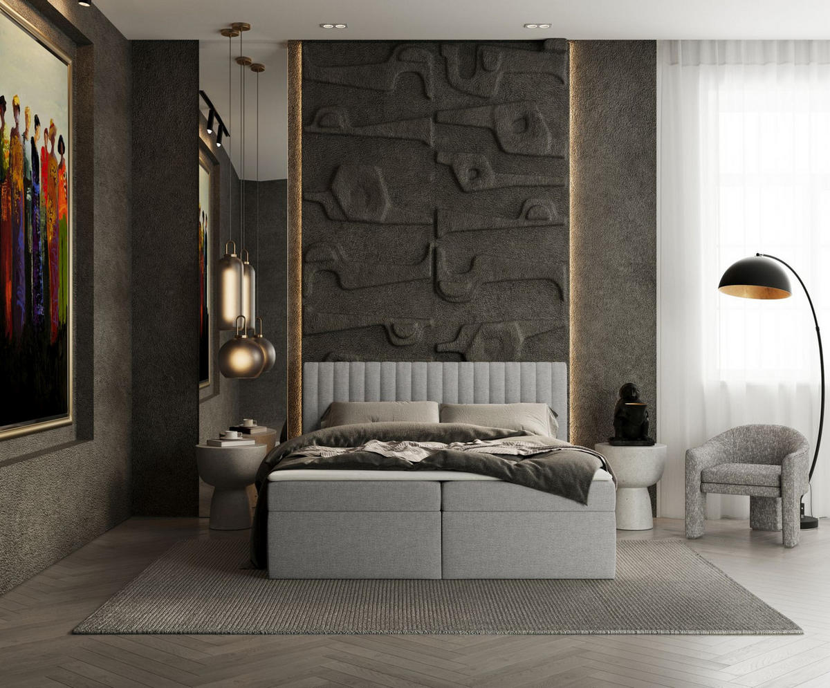 BOXBETT Spencer Grau Beige 160/200 cm mit Matratze und Topper - Beige/Schwarz, Holz/Holzwerkstoff (160/200cm) - Maison de Reve
