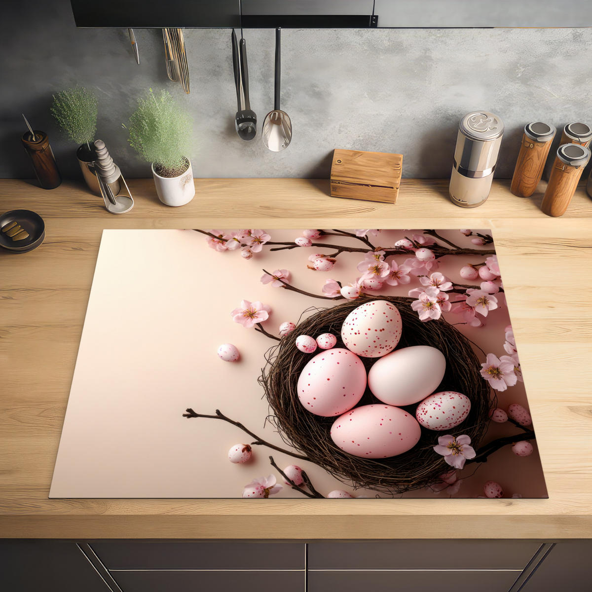 HERDABDECKPLATTE Rosa - Blüten - Eier Induktionsmatte 77x59 cm - Hellrosa, Kunststoff (77/59/0.2cm) - MuchoWow