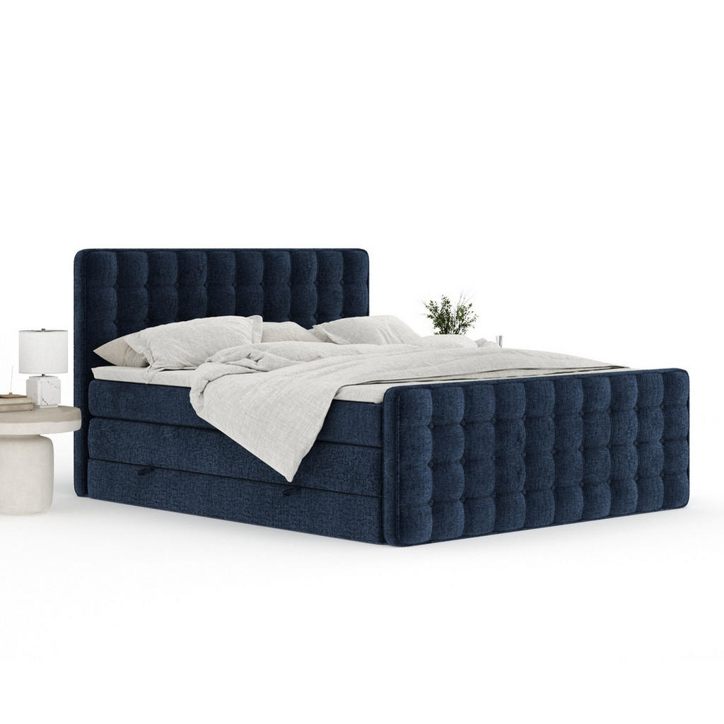 Thumbnail - Maison de Reve Boxspringbett, Dunkelblau, Textil, Buche, Kiefer, H2, 7-Zonen, Höhe ca. 40 cm, 200x200 cm, Handmade in Eu...