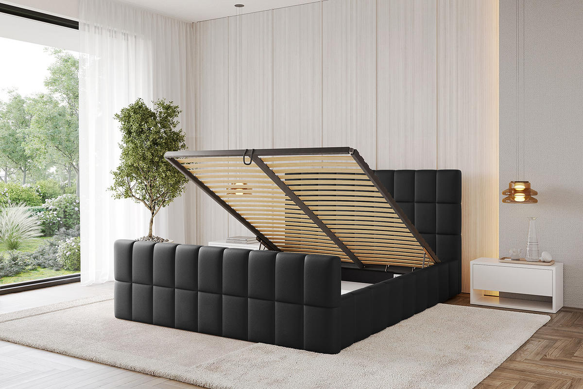 POLSTERBETT mit Bettkasten, Fußteil und Lattenrost, Boxbett ohne Matratze - AMEA-Z 200x200 Schwarz Kunstleder - Schwarz Hochglanz, Holzwerkstoff/Textil (200/200cm) - ALTDECOR