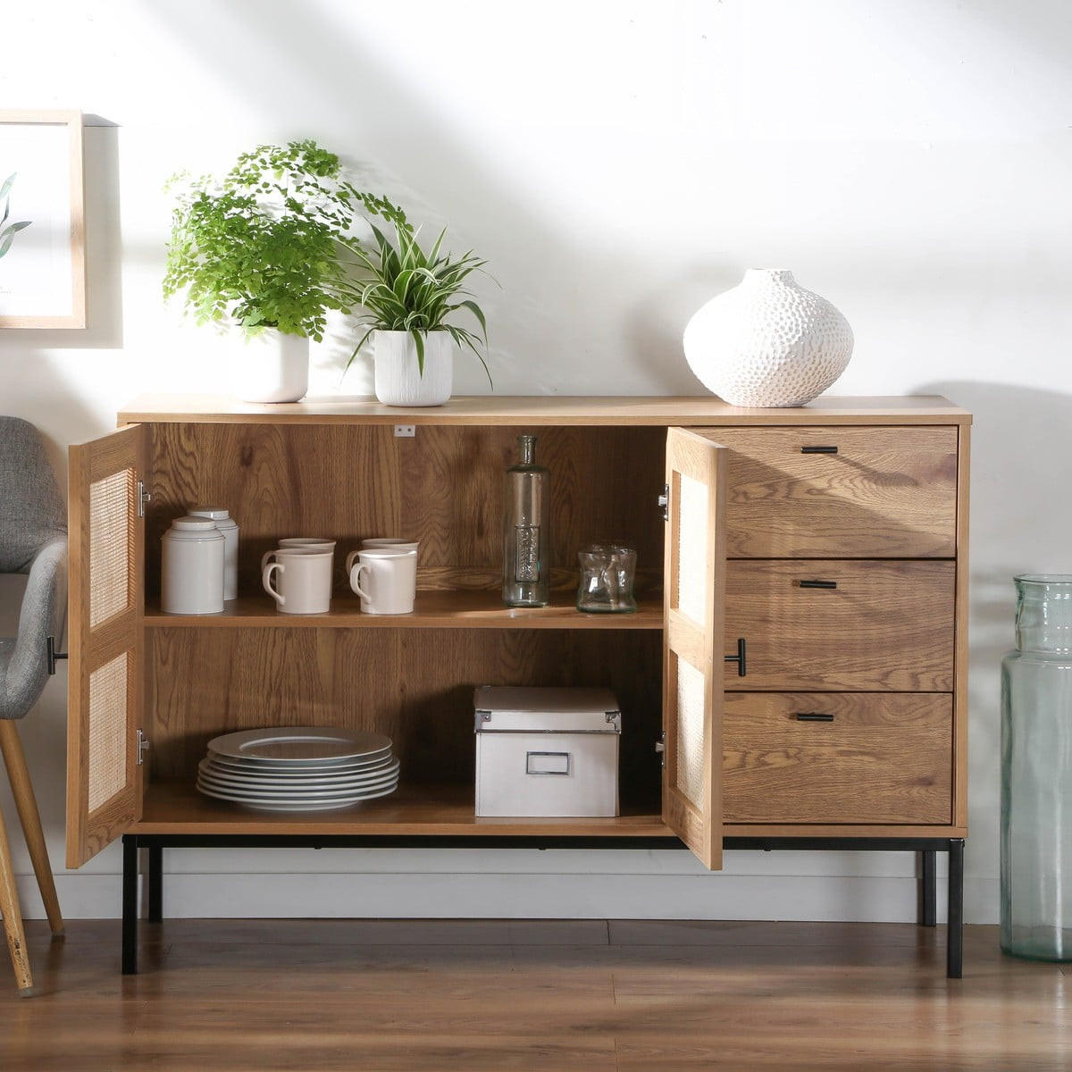 SIDEBOARD mit 2 türen und 3 schubladen aus rattan jaya 120/40/80 cm - Eschefarben, Holzwerkstoff (120/80/40cm) - Calicosy