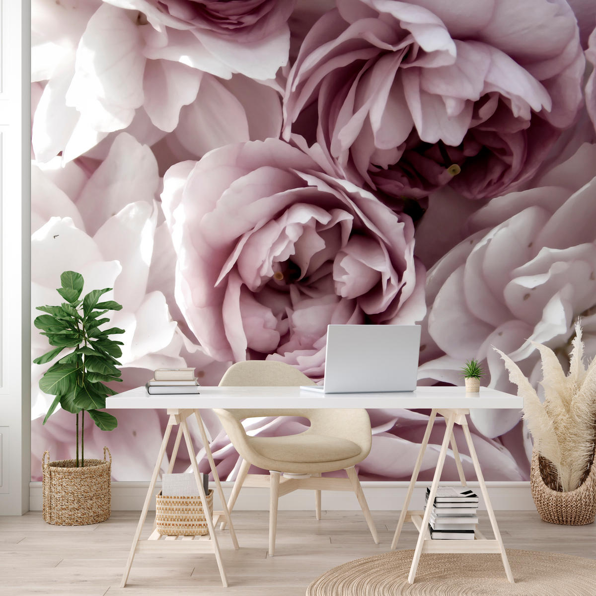 FOTOTAPETE für Badezimmer Pastell Pfingstrosen Blumen 300x210 - Beige/Violett, Papier (300/210cm) - Muralo