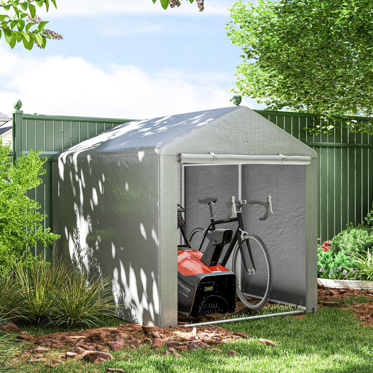 GARTENHAUS 2 Fächer, Tür mit Reißverschluss, wasserdicht, UV-beständig 1,6 x 2,2 x 1,7 m ,hellgrau - Hellgrau, Metall (218/172/160cm) - Vallsero