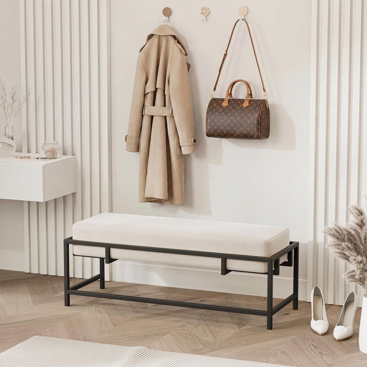 POLSTERBANK GLAM 100 cm Schwarz / Creme ,Metallgestell - Creme, Metall (100/45/35cm) - Idohome