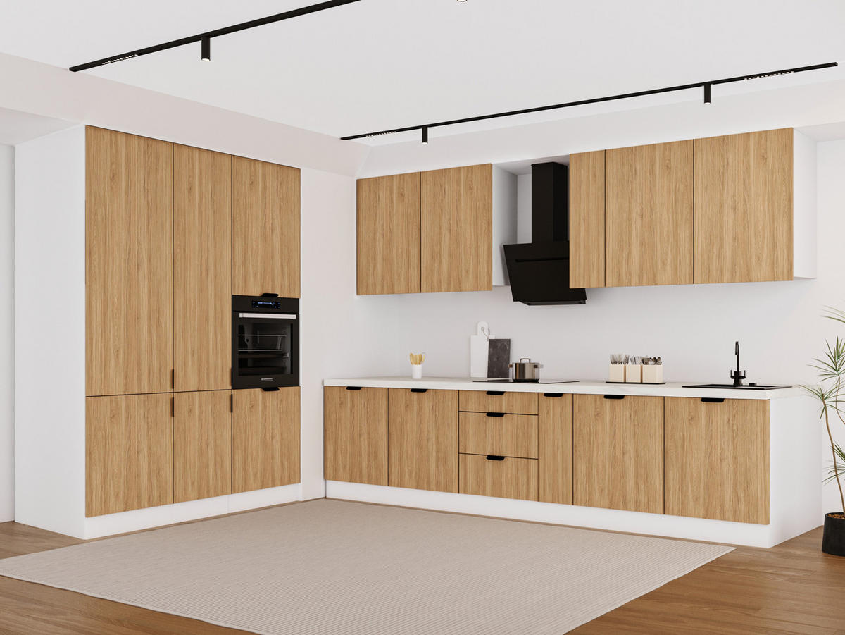 KÜCHENZEILE 320 x 160 cm - Sorento KS13-M320 - in Sonoma Eiche / Weiß - Schwarz/Weiß, Holz/Metall (480/247/58cm)