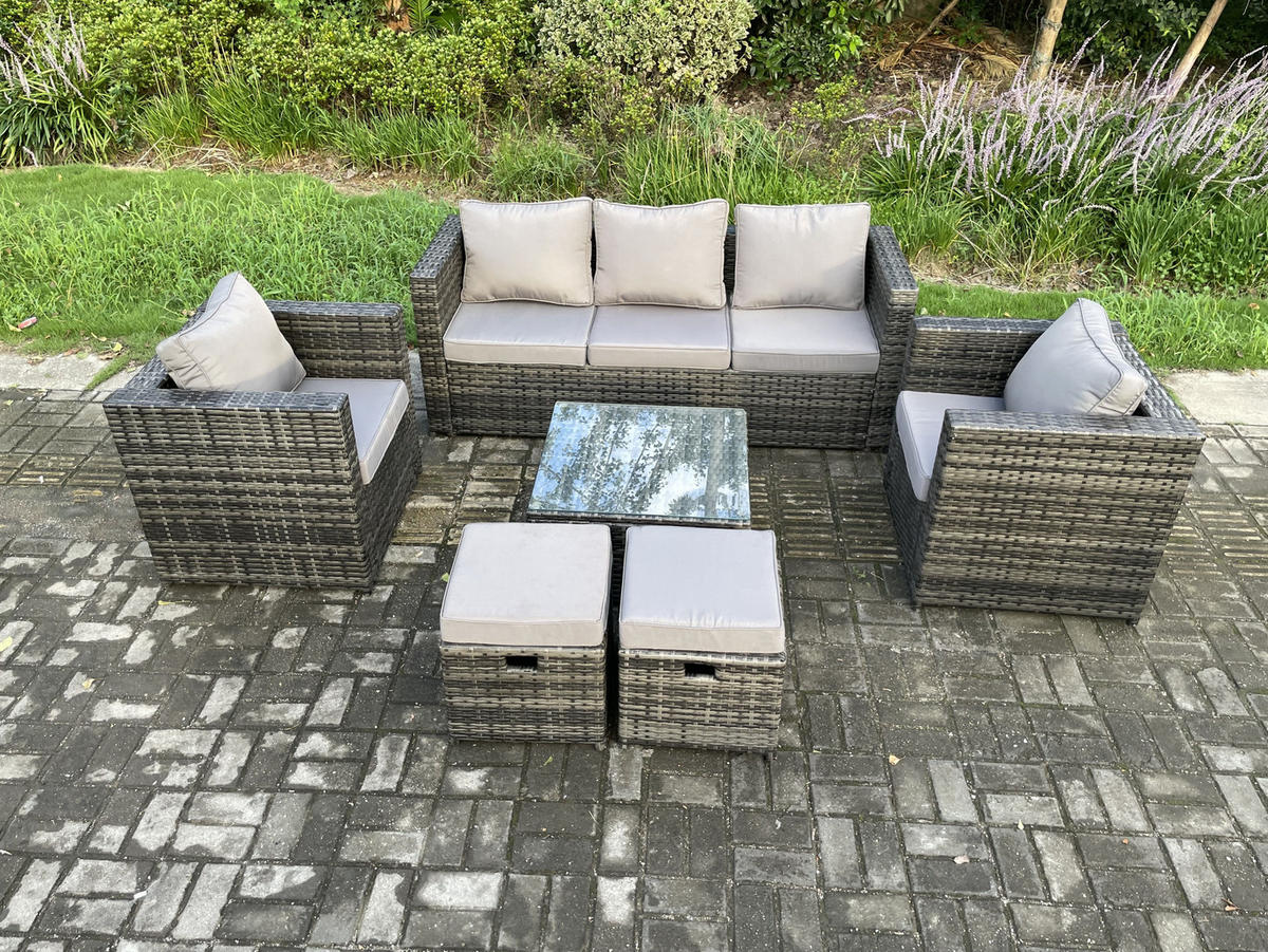 GARTENSET mit Couchtisch Polyrattan 7-Sitzer - Dunkelgrau, Metall - Fimous