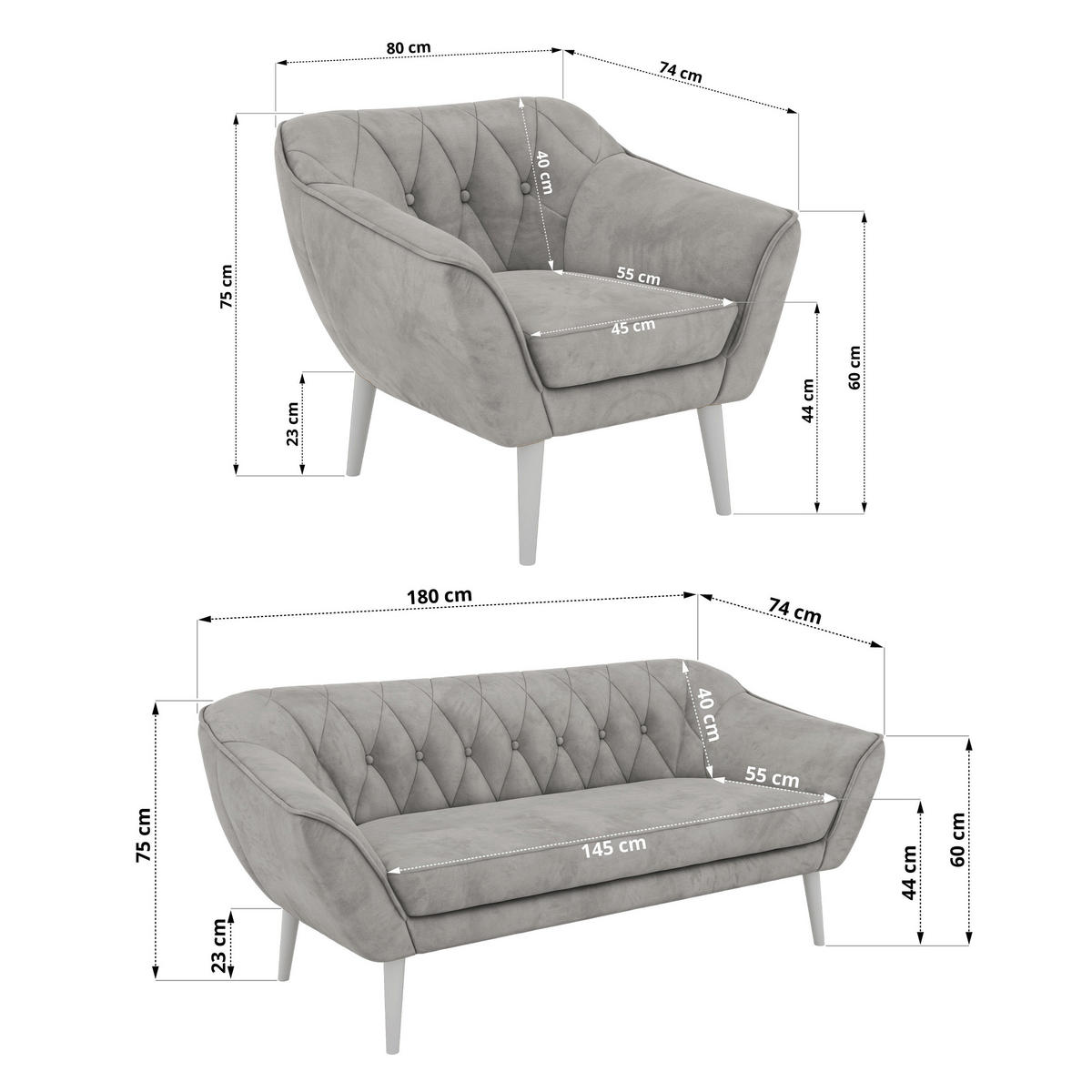 SITZGARNITUR PIRS 3+1+1 - Hellgrau Velvet - Weiße Beine - Hellgrau/Weiß, Holzwerkstoff/Textil (180/75/74cm) - MKS