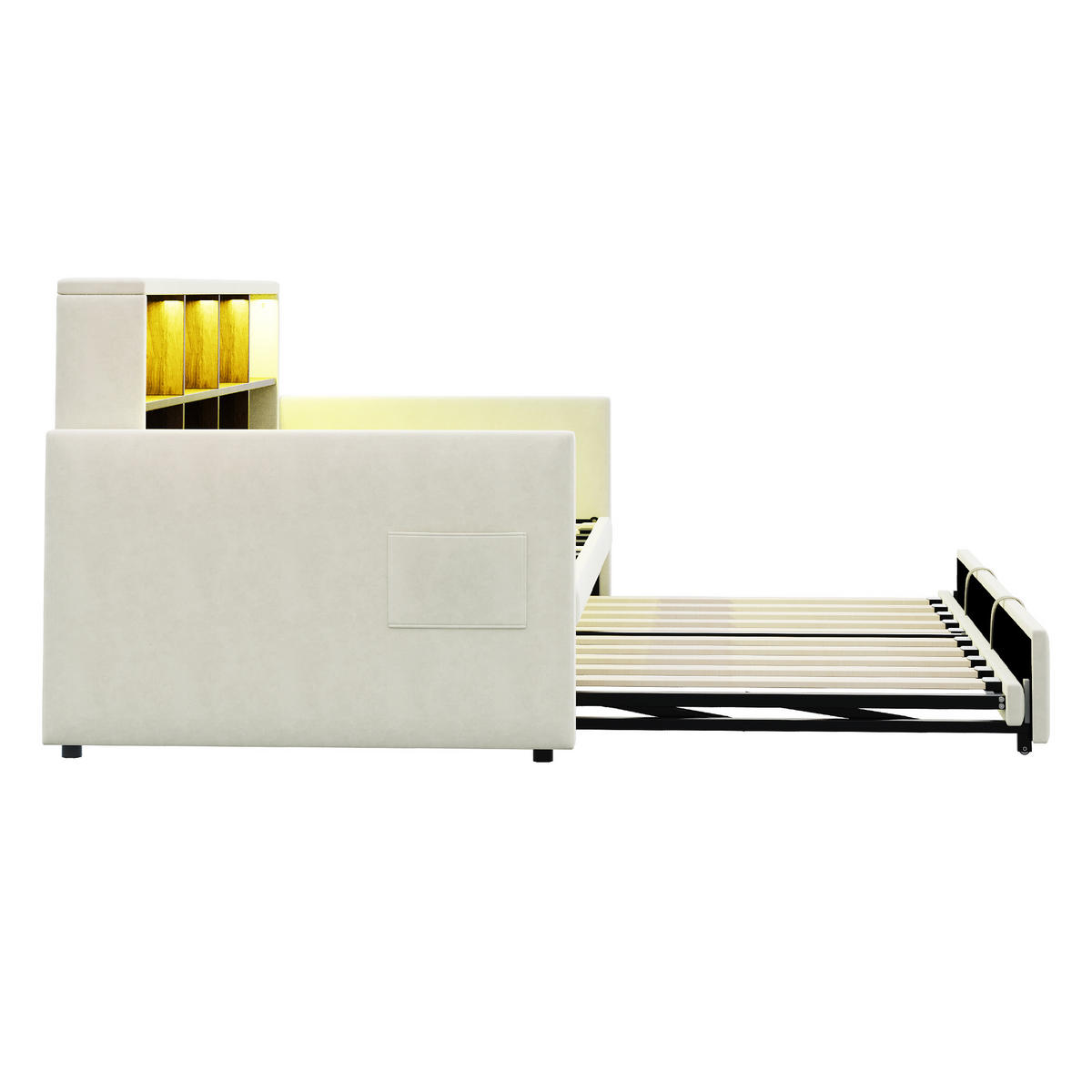 AUSZIEHBETT 90/190 cm DE-02118, in Beige, mit LED, Steckdosen und Staufächern - Beige, Metall (90/190cm) - ComfortXL