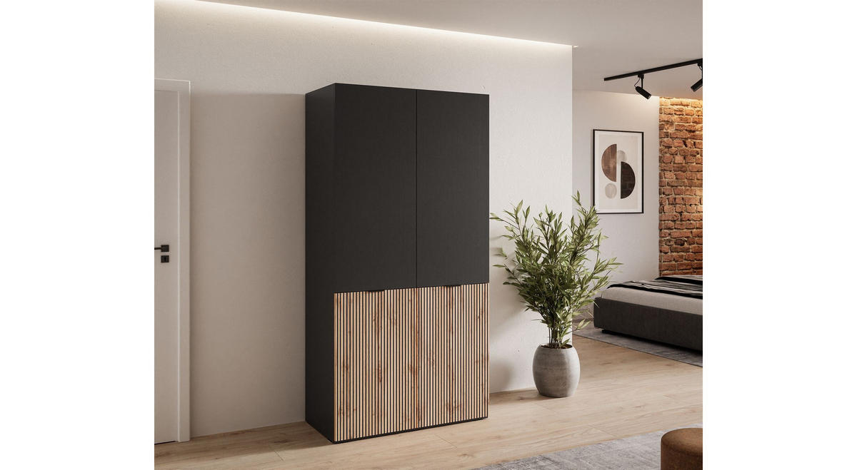 KLEIDERSCHRANK SANDBOX LOFT 100 101/49/200 cm Schwarzgraphit / Schwarzgraphit + Eiche Wotan mit LED ohne Zusatzböden - Schwarz, Holzwerkstoff/Kunststoff (101/200/49cm) - Lookway