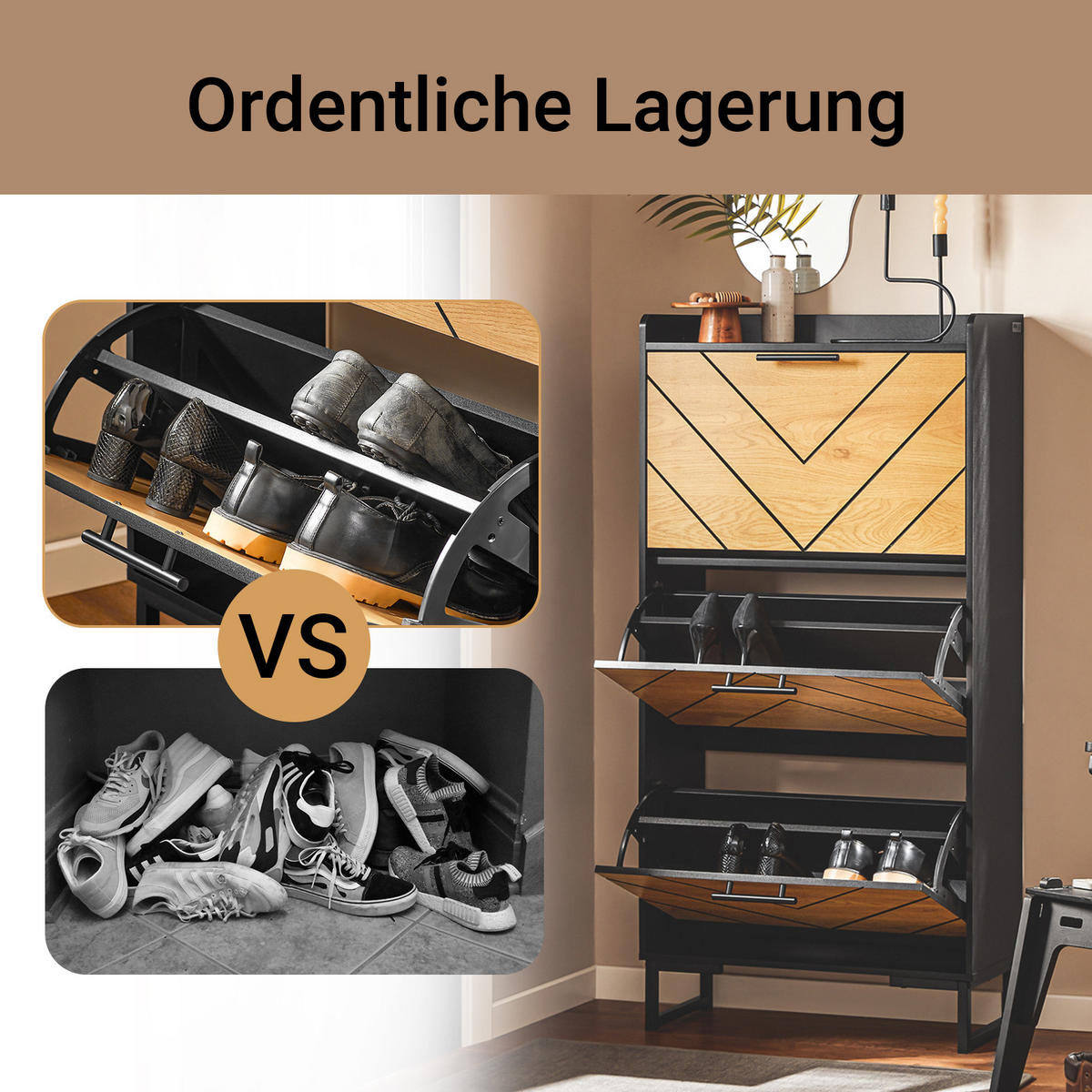 SCHUHSCHRANK Schwarz-Braun - Schwarz/Naturfarben, Holzwerkstoff (62/125/24cm) - SoBuy
