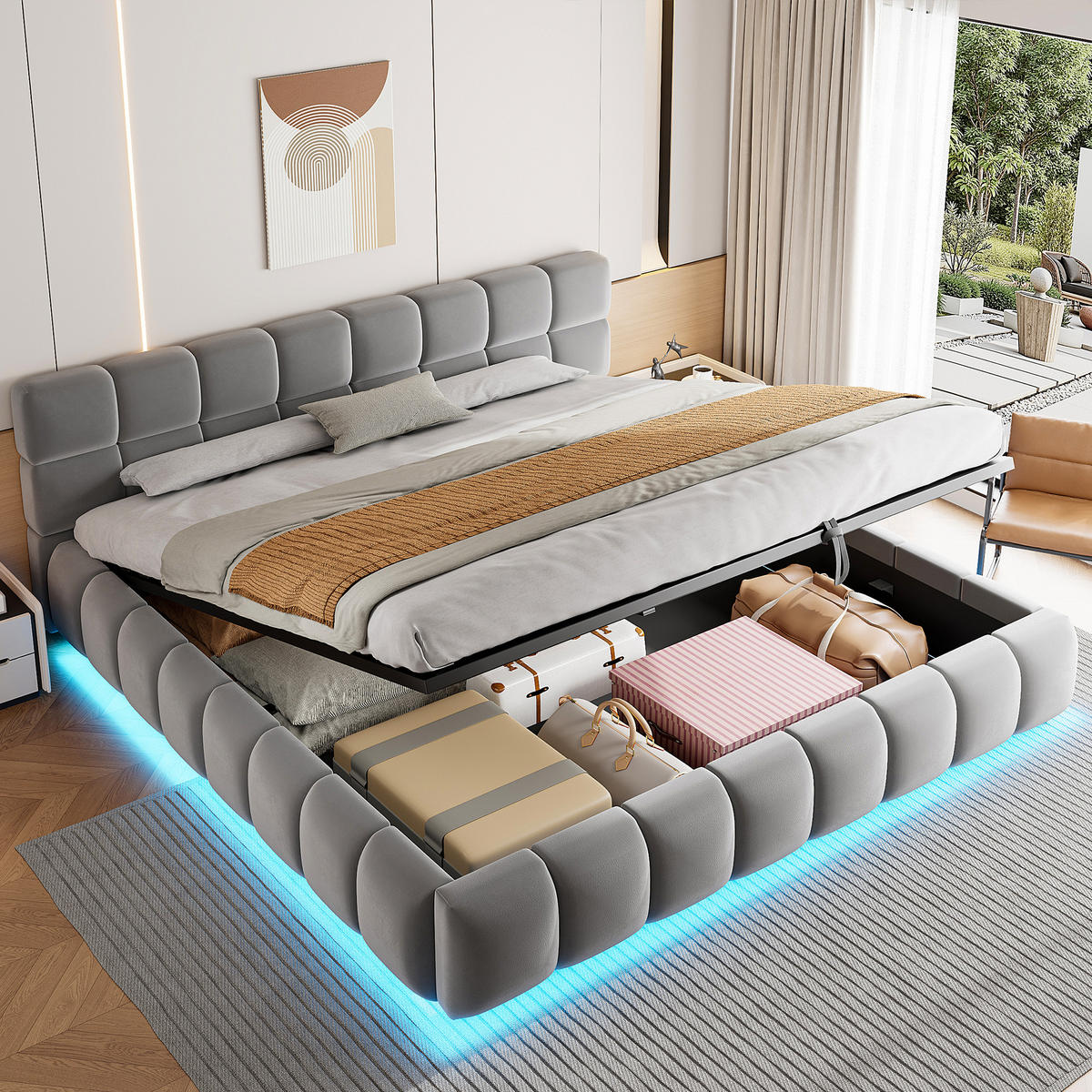 POLSTERBETT 180/200 cm in Grau Samt mit Bettkasten und LED - Grau, Holzwerkstoff/Textil (180/200cm) - STILVORA