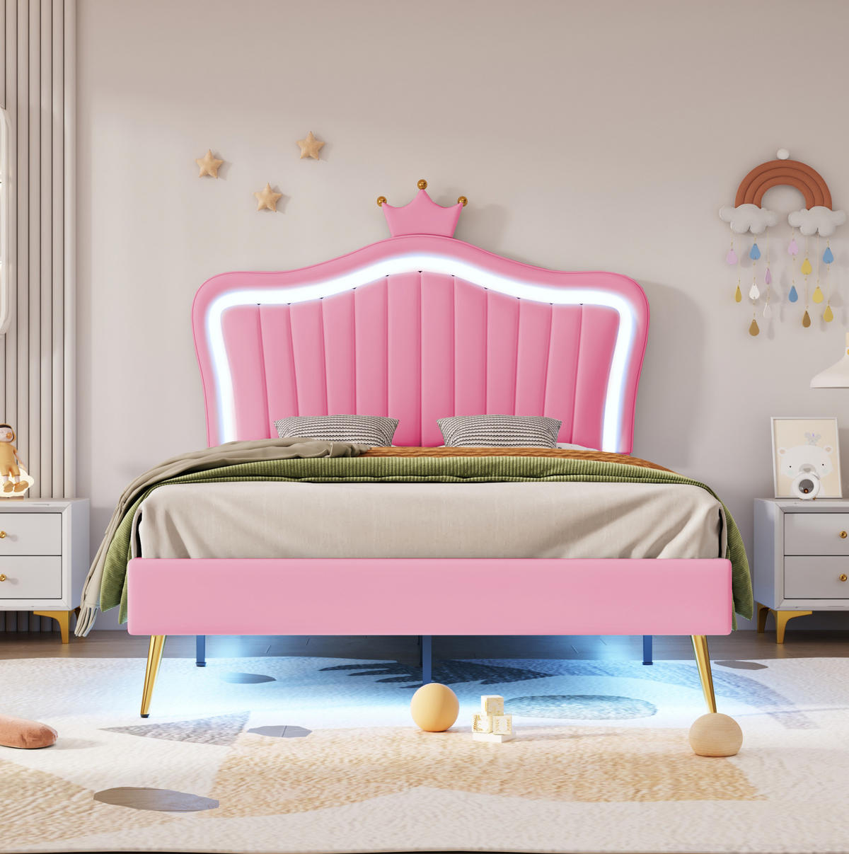 KINDEREINZELBETTEN aus Kunstleder 90x200 cm in Rosa mit LED-Beleuchtung - Rosa, Leder (90/200cm) - Modfu