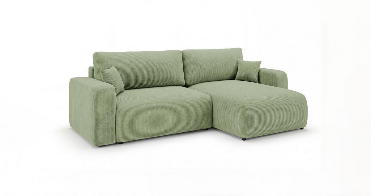 ROHOVÁ pohovka BERLIN levá světle zelená manšestr Poso 47 - funkce spaní, úložný prostor - světle zelená, textil (285/185cm) - Cornero