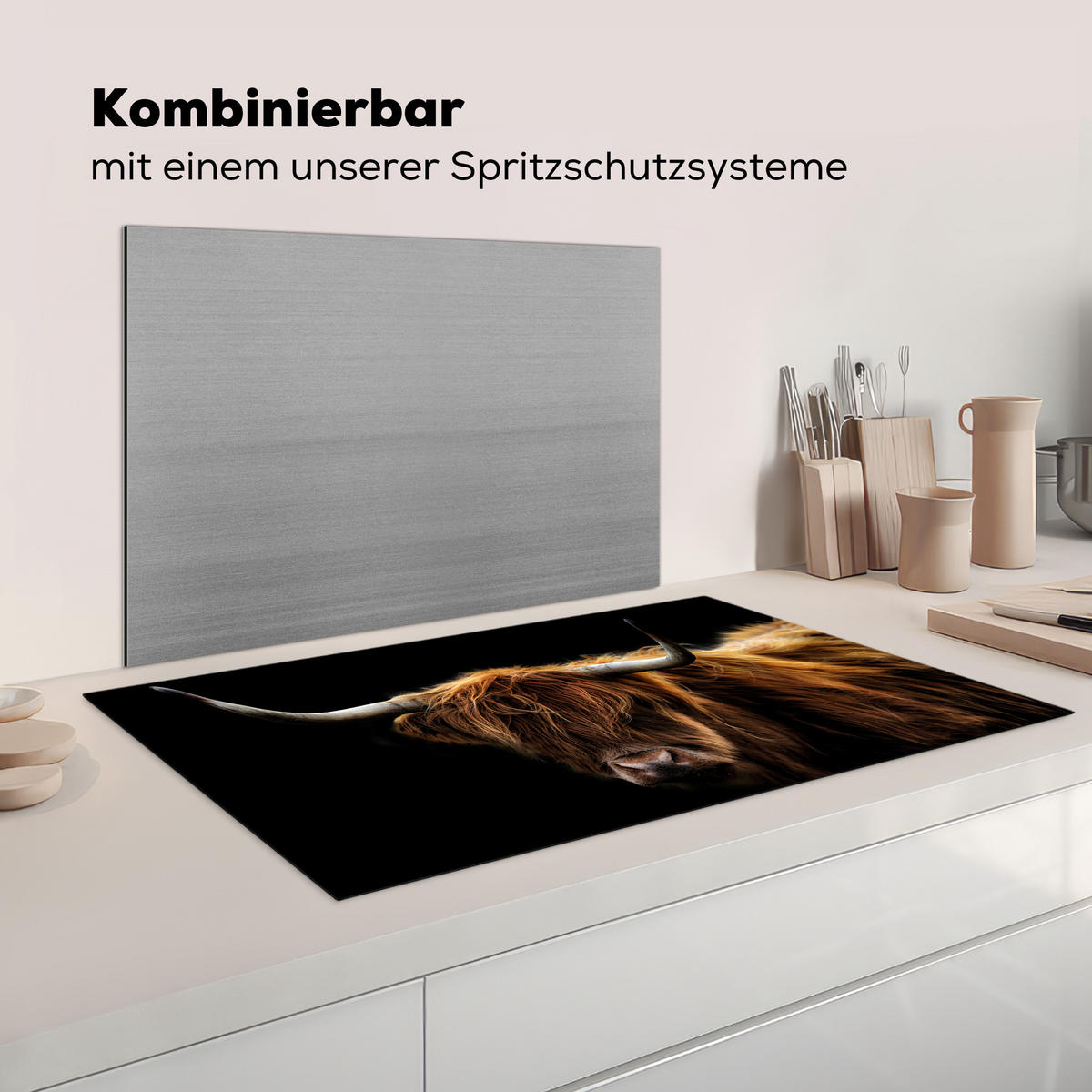 KRYT NA INDUKČNÍ DESKU Skotský horal - Rohy - Černá - Zvířata - Příroda - Divoká - Kráva 90x52 cm - koňaková, plast (90/52/0.2cm) - MuchoWow